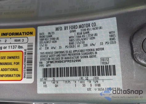 2023 Ford Bronco Sport Big Bend z USA, uszkodzony, nr VIN 3FMCR9B63PRE02996